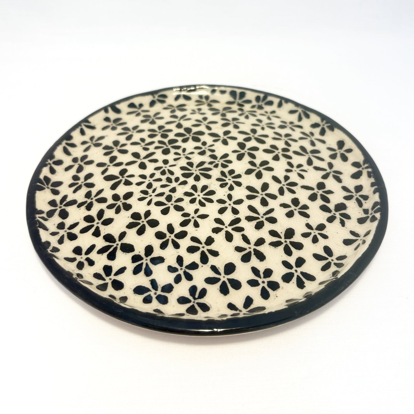 Black Flower Sgraffito Dessert Plate