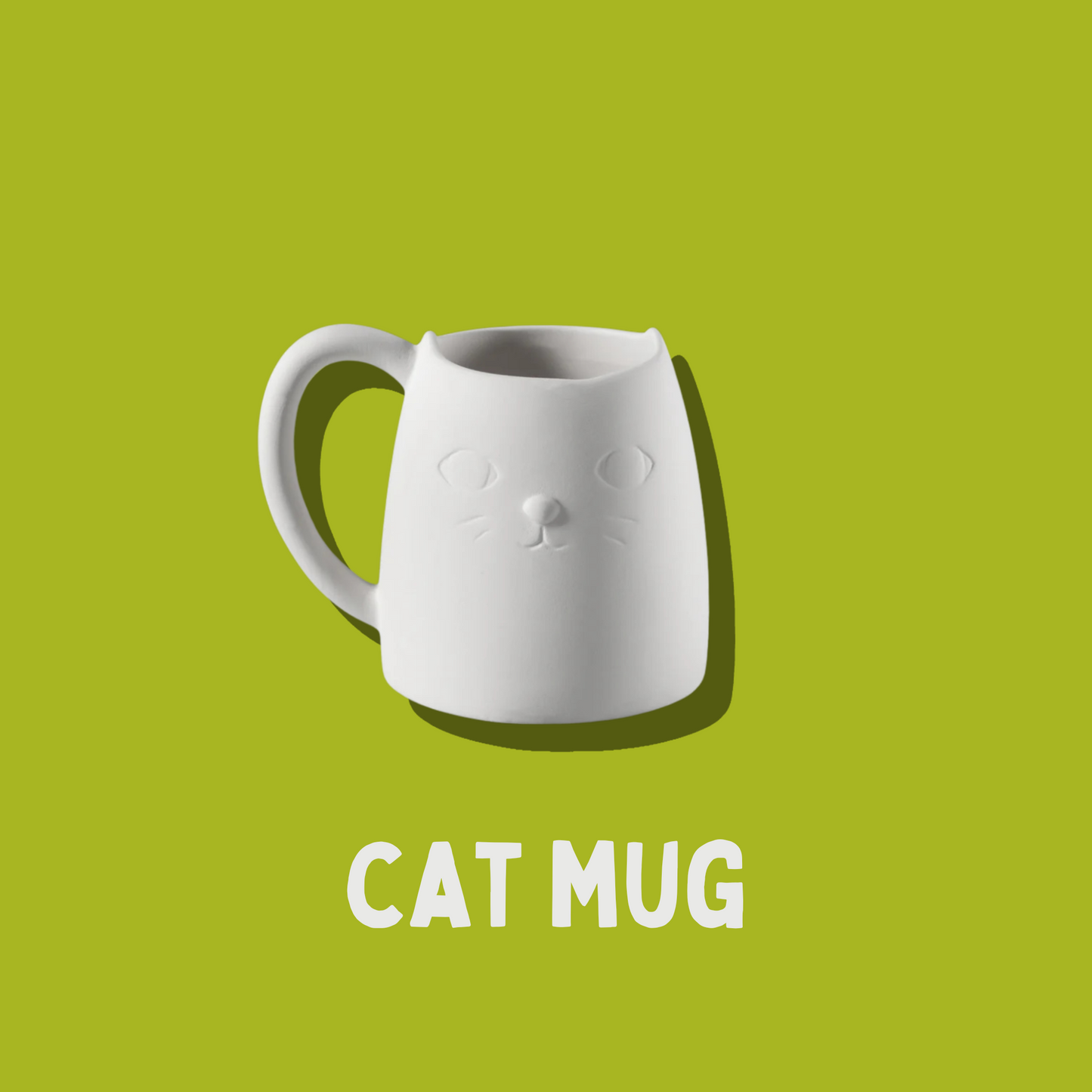 White cat-shaped mug on a green background with 'CAT MUG' text.