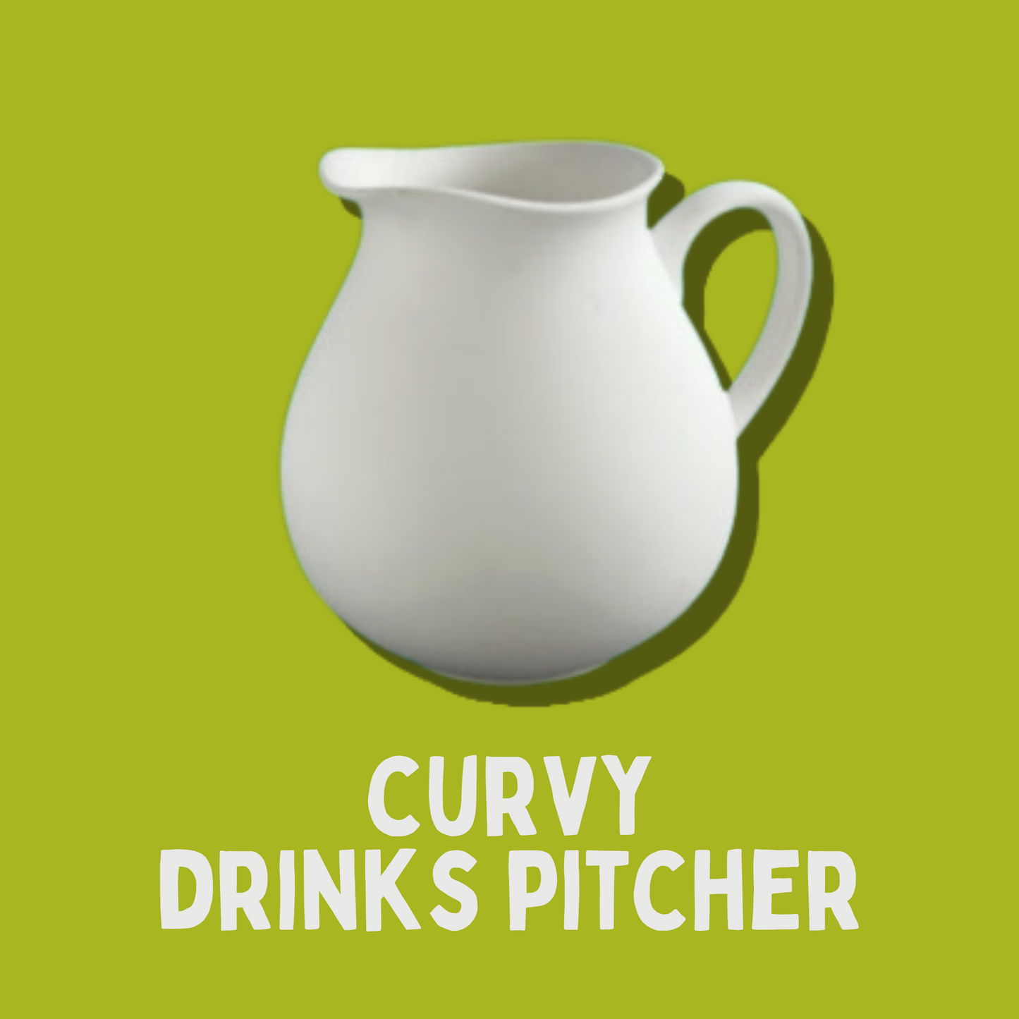 White curvy drinks pitcher on a green background with text.