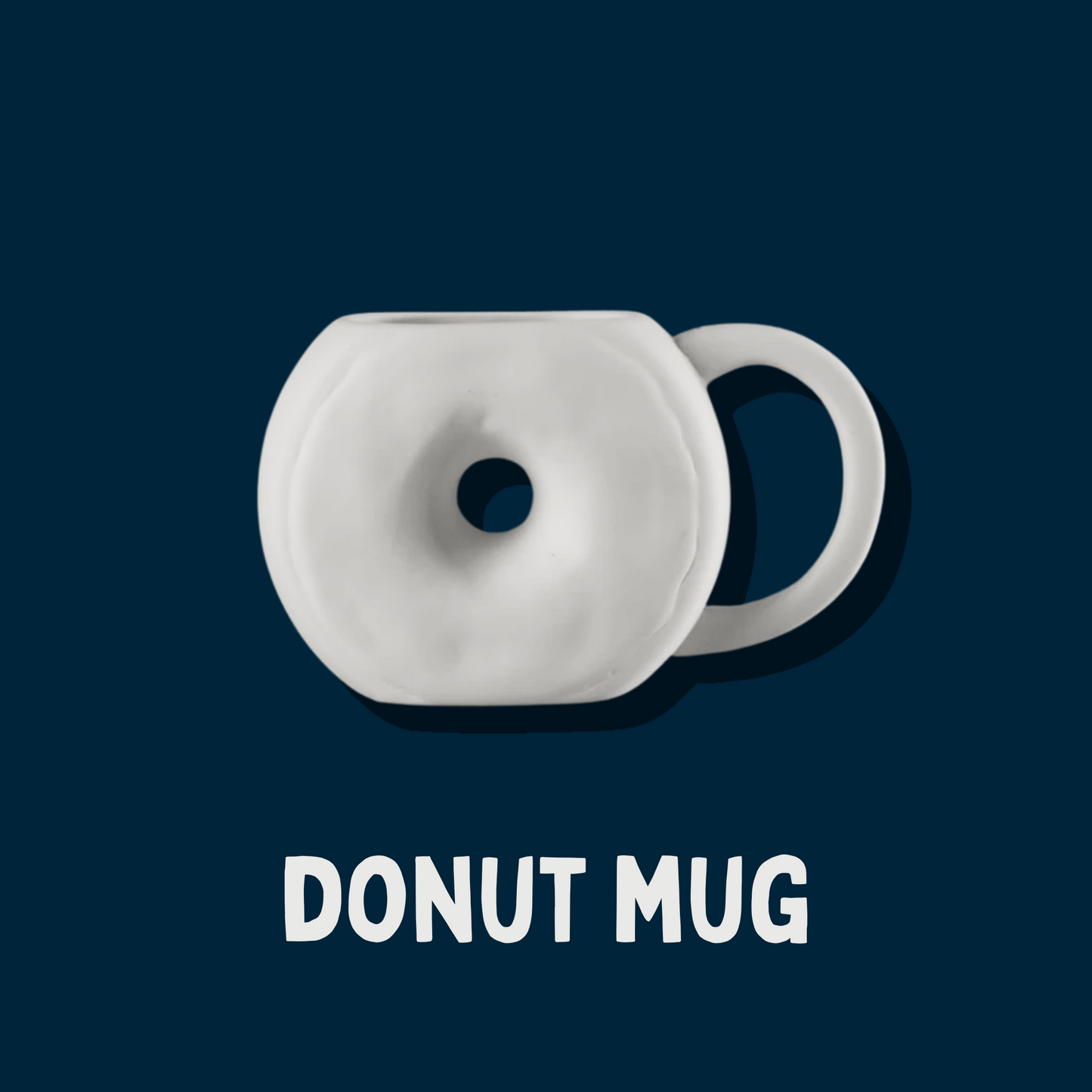 White donut-shaped mug on a dark blue background with 'DONUT MUG' text.