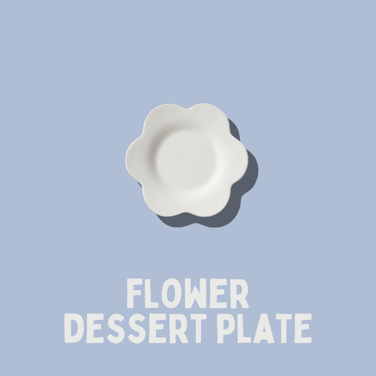 White flower dessert plate on a light blue background with 'FLOWER DESSERT PLATE' text.