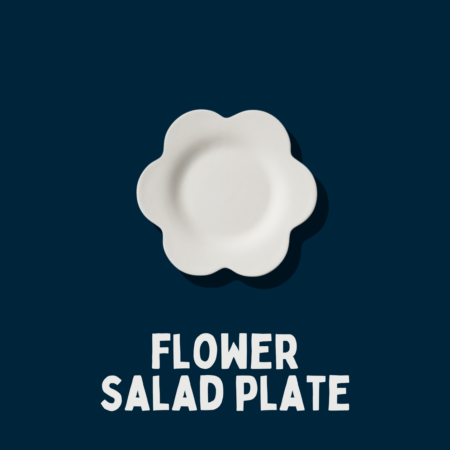 Flower-shaped salad plate on a dark blue background with 'FLOWER SALAD PLATE' text.