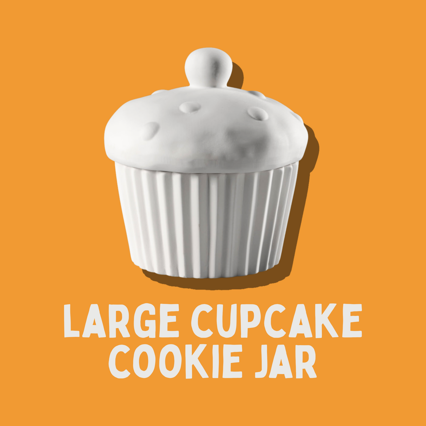 White cupcake-shaped cookie jar on an orange background with text 'LARGE CUPCAKE COOKIE JAR'.
