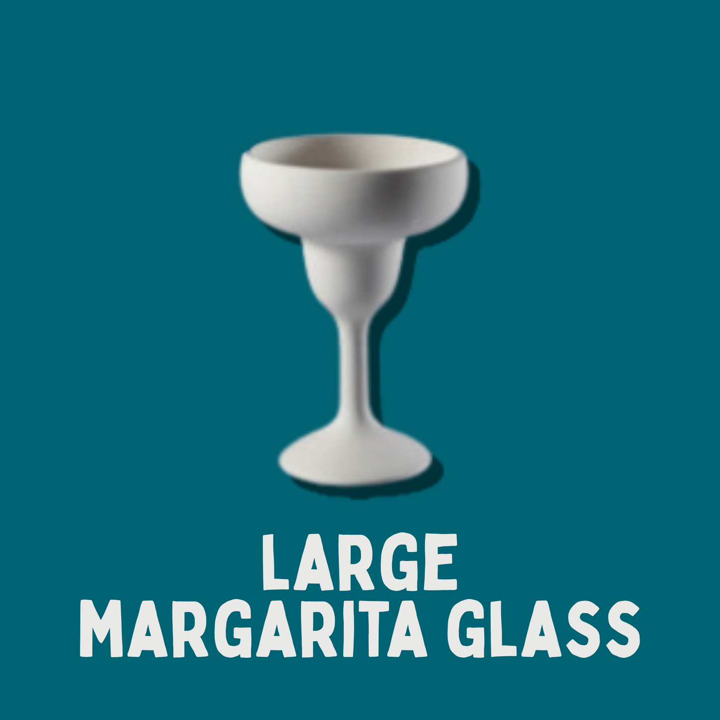 White margarita glass on a teal background with 'LARGE MARGARITA GLASS' text.