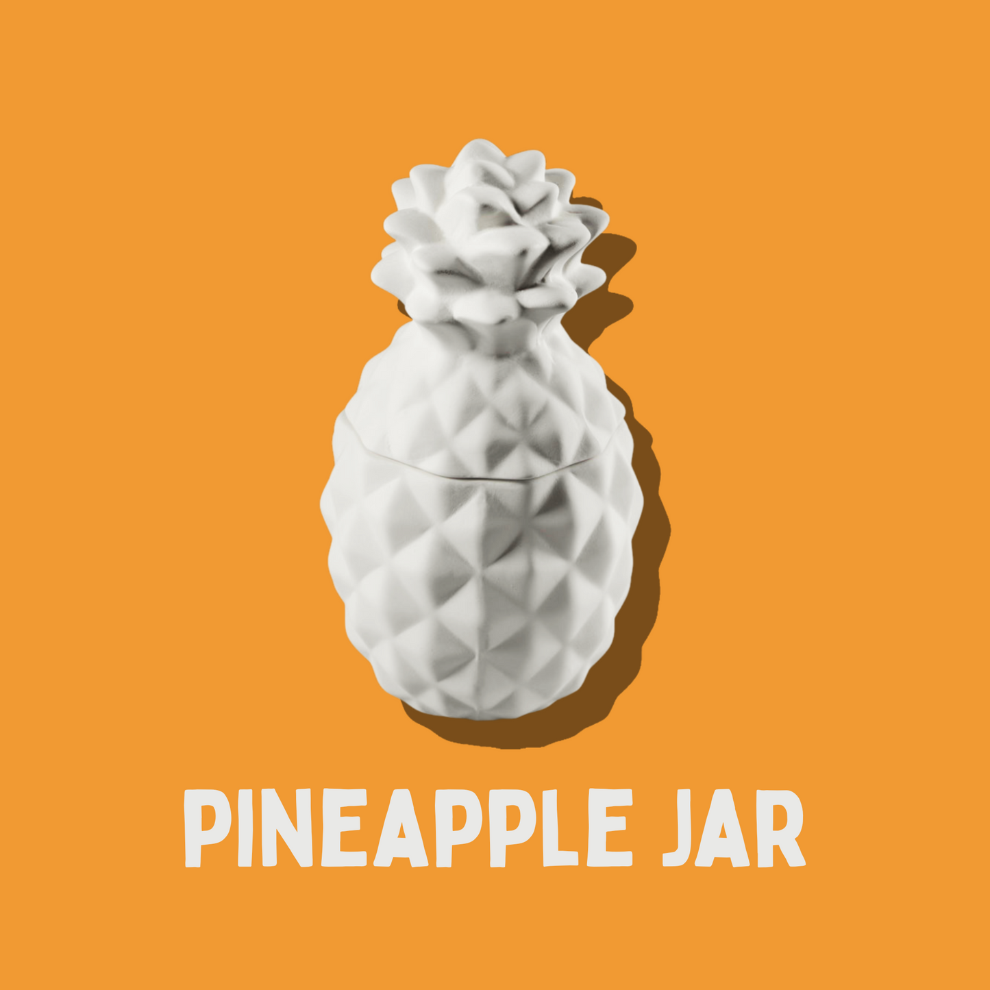 White pineapple-shaped jar on an orange background with 'PINEAPPLE JAR' text.