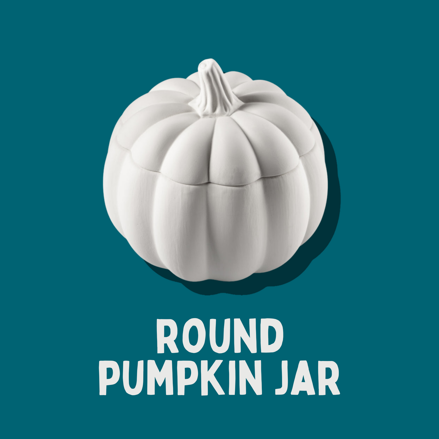 White pumpkin-shaped jar on a teal background with 'Round Pumpkin Jar' text.