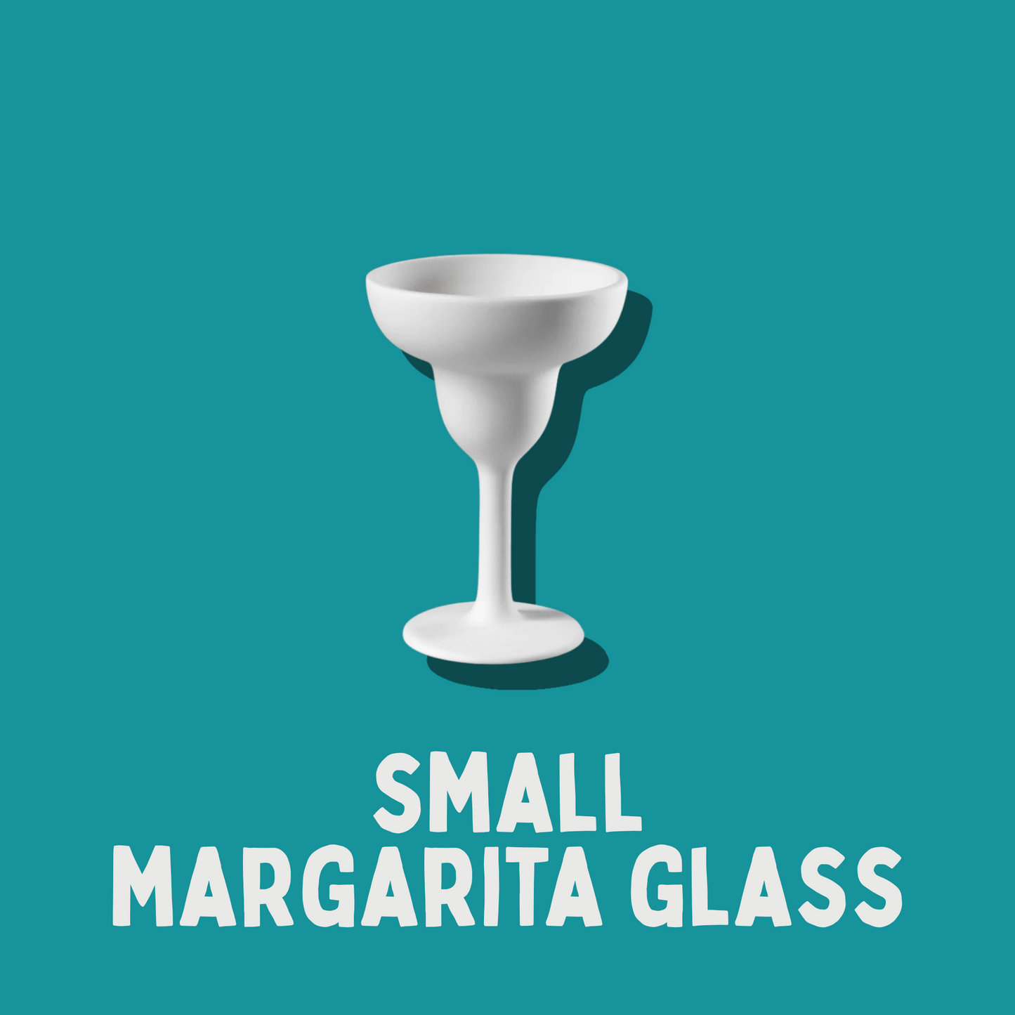 White margarita glass on a teal background with 'Small Margarita Glass' text.