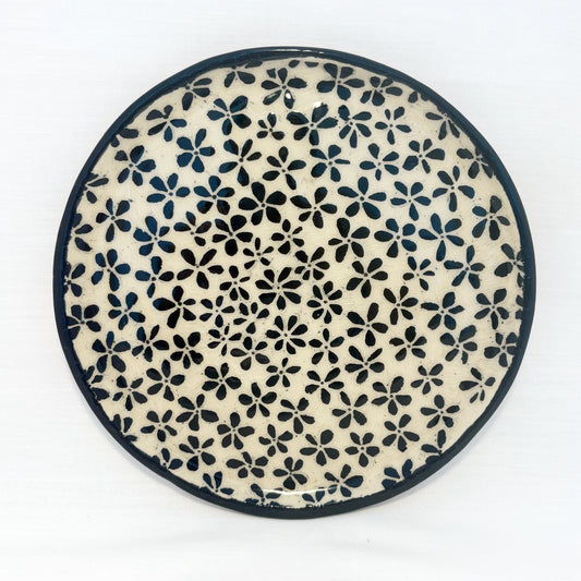 Black Flower Sgraffito Dessert Plate