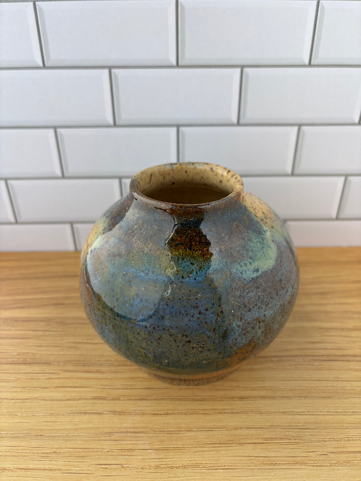 Soft Yellow, Blue, and Green Speckled Small Moon Vase