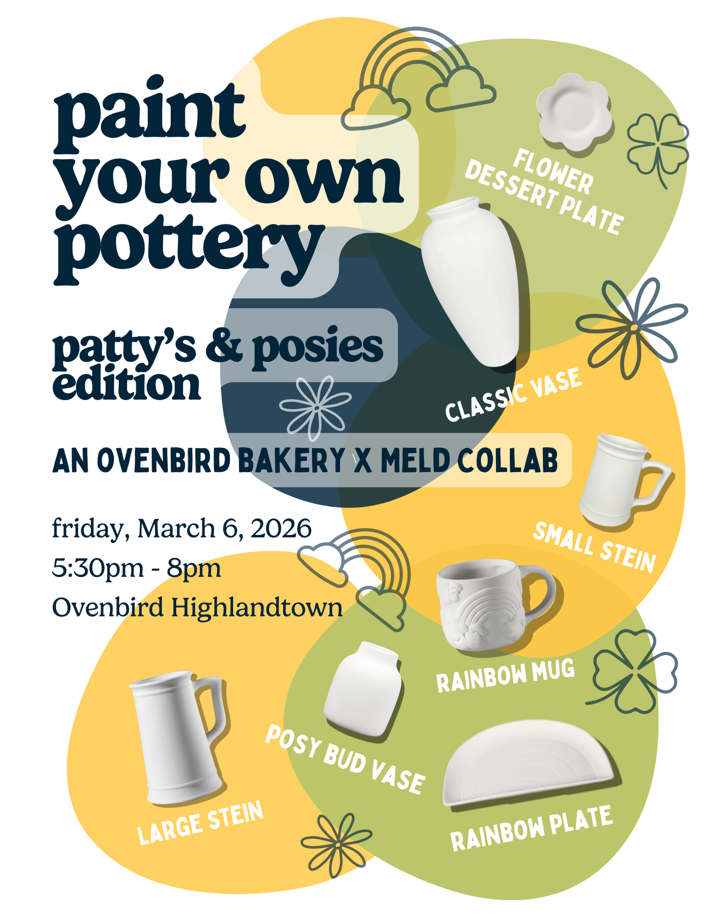 Ovenbird x Meld Paint-Your-Own-Pottery Workshop | Patty's & Posies Edition | Friday, March 6, 2026