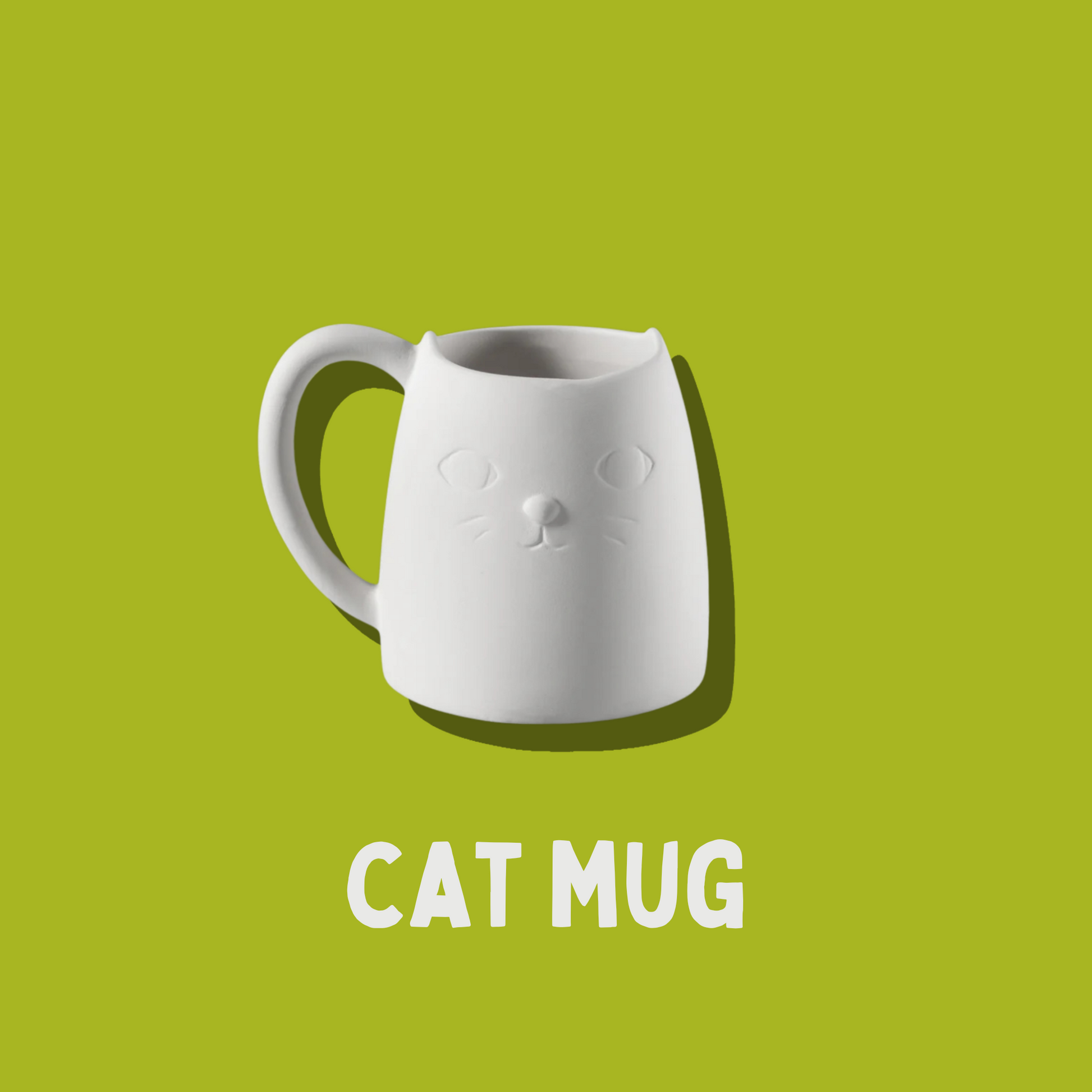 White cat-shaped mug on a green background with 'CAT MUG' text.