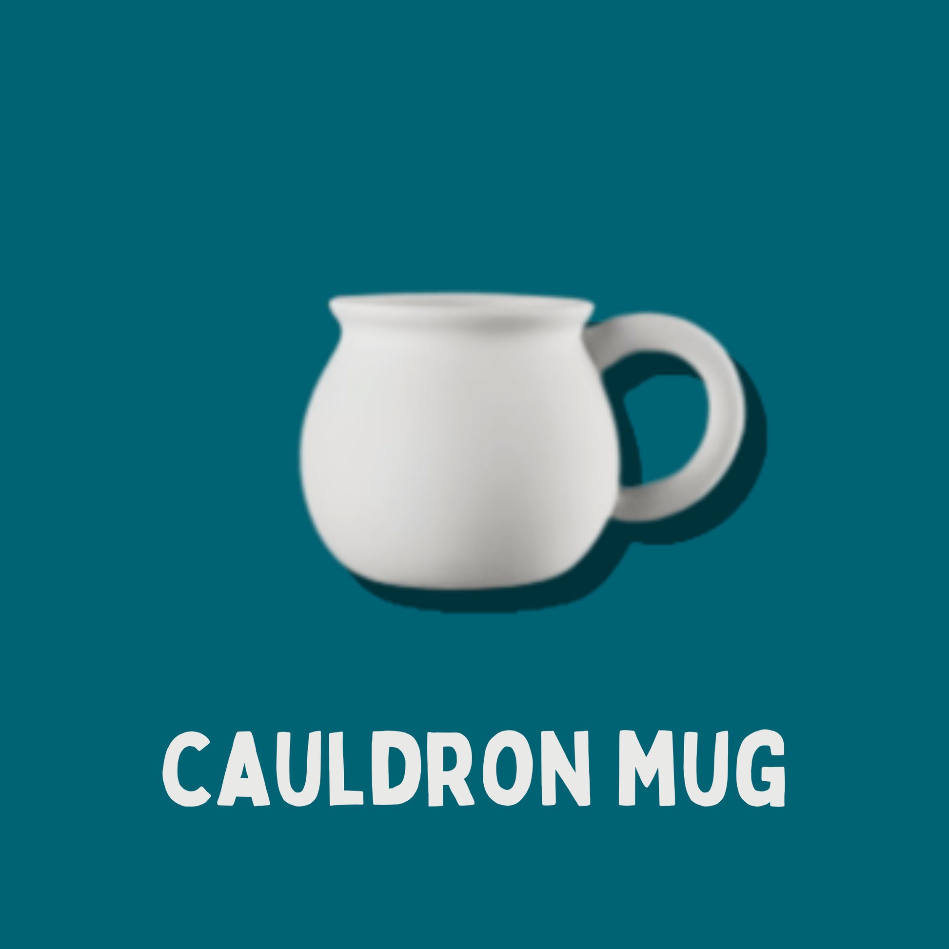 White mug on a teal background with 'CAULDRON MUG' text.