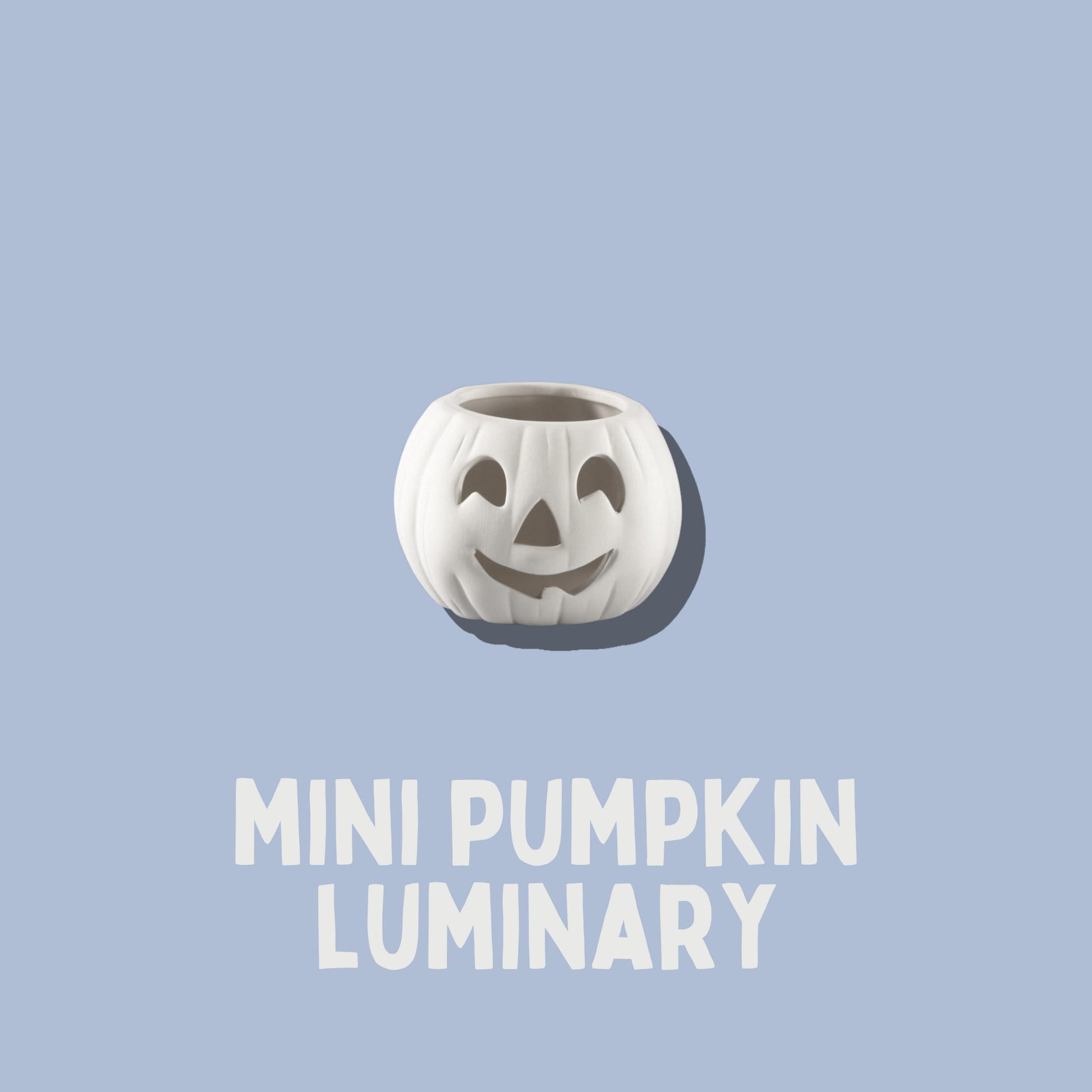 White pumpkin-shaped luminary on a light blue background with 'MINI PUMPKIN LUMINARY' text.