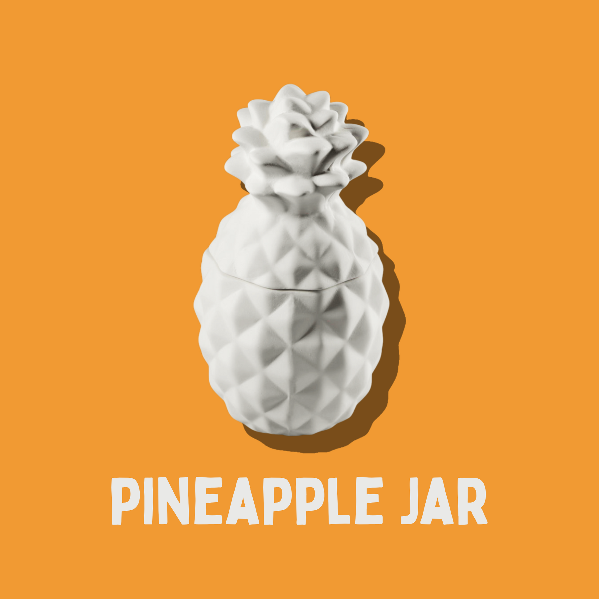 White pineapple-shaped jar on an orange background with 'PINEAPPLE JAR' text.