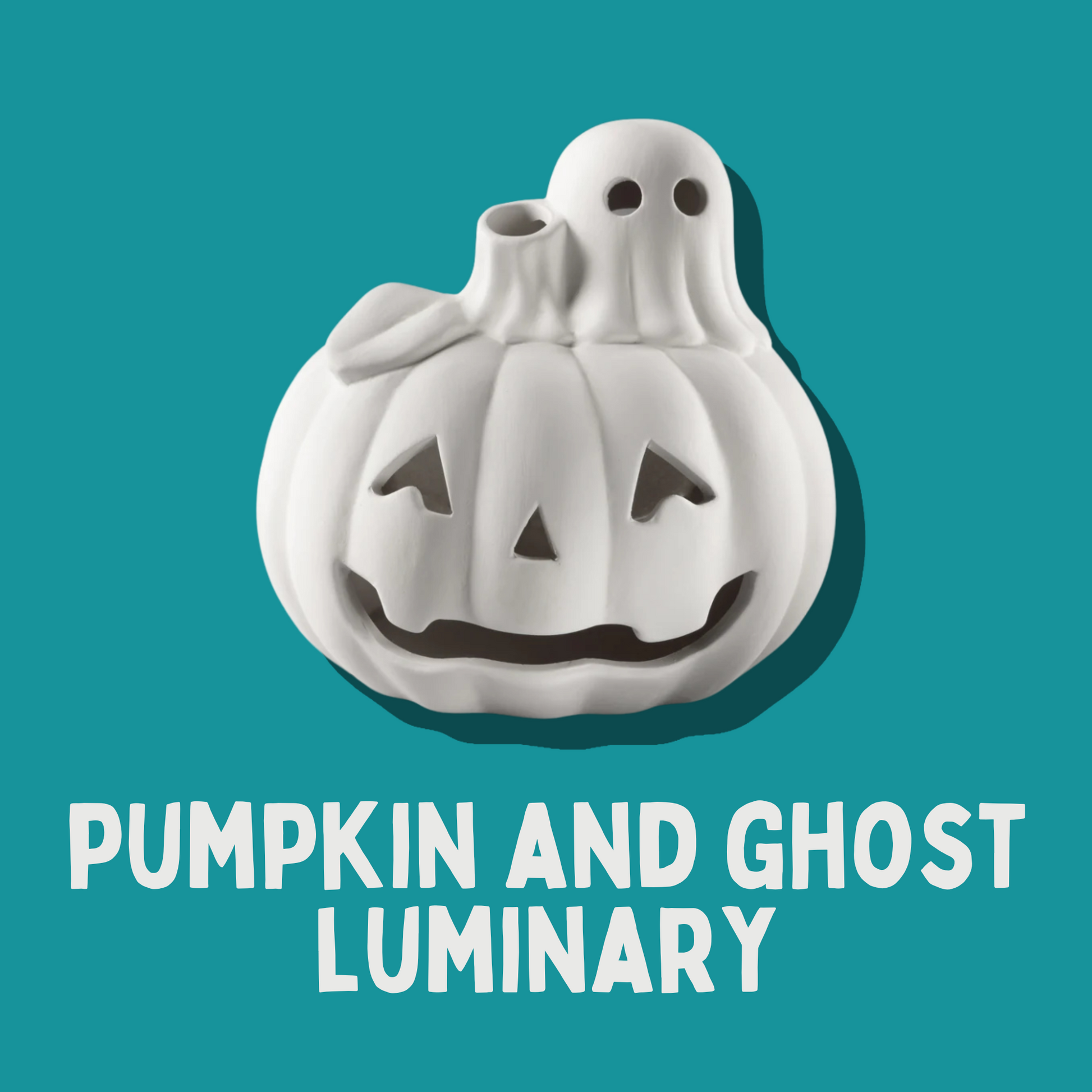 Pumpkin and ghost luminary on a teal background with text 'Pumpkin and Ghost Luminary'.