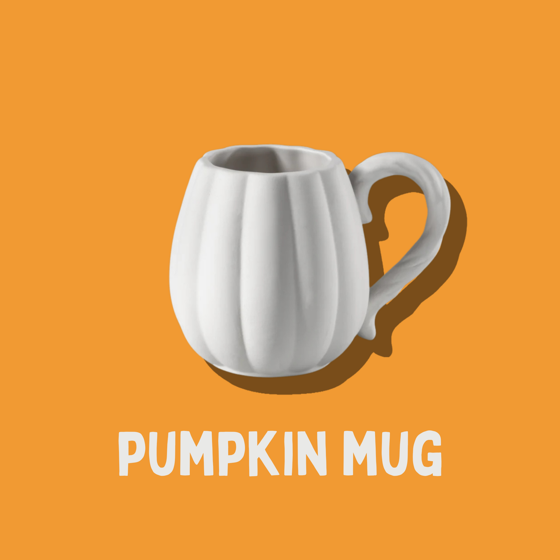 White pumpkin-shaped mug on an orange background with 'Pumpkin Mug' text.