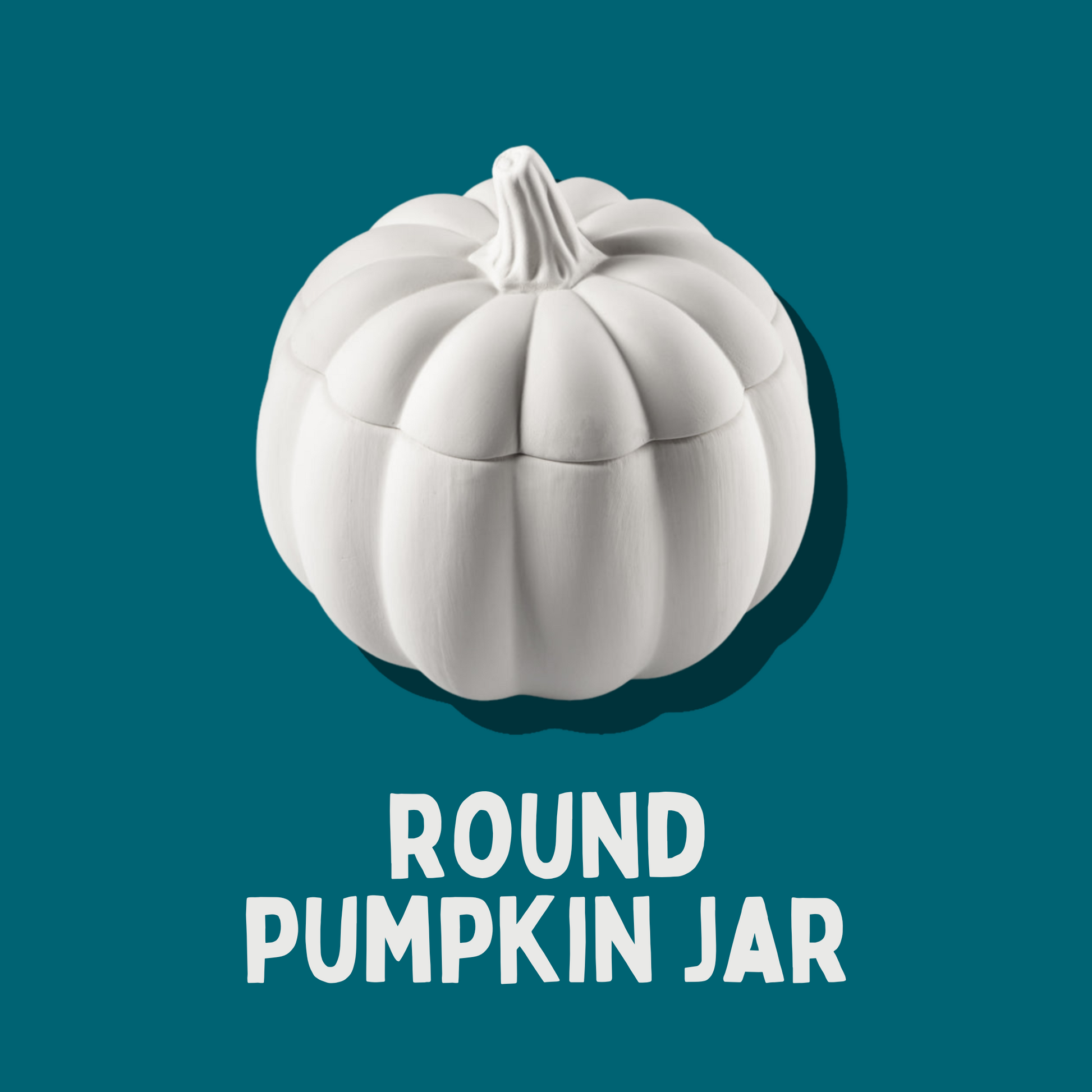 White pumpkin-shaped jar on a teal background with 'Round Pumpkin Jar' text.