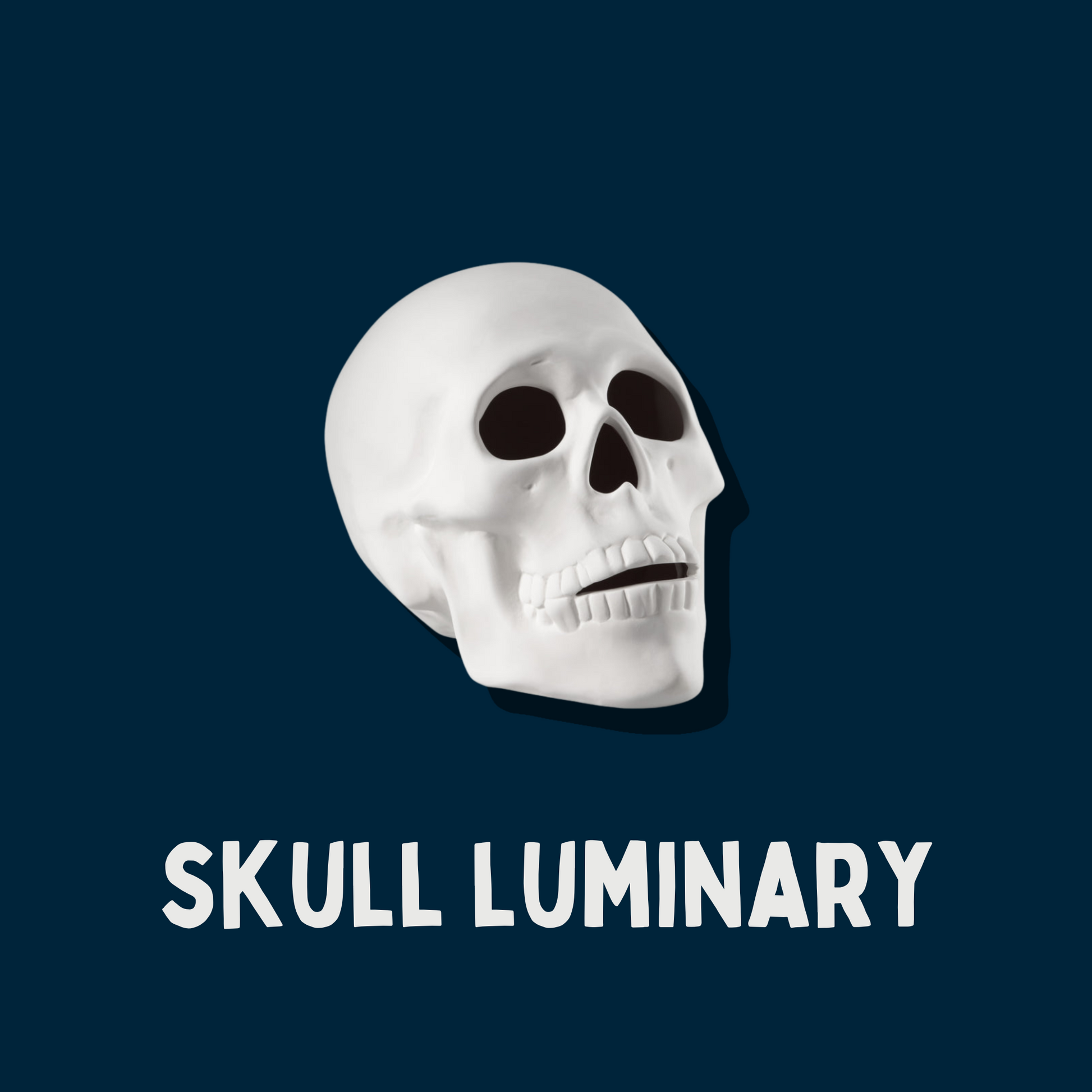 White skull-shaped luminary on a dark blue background with 'SKULL LUMINARY' text.