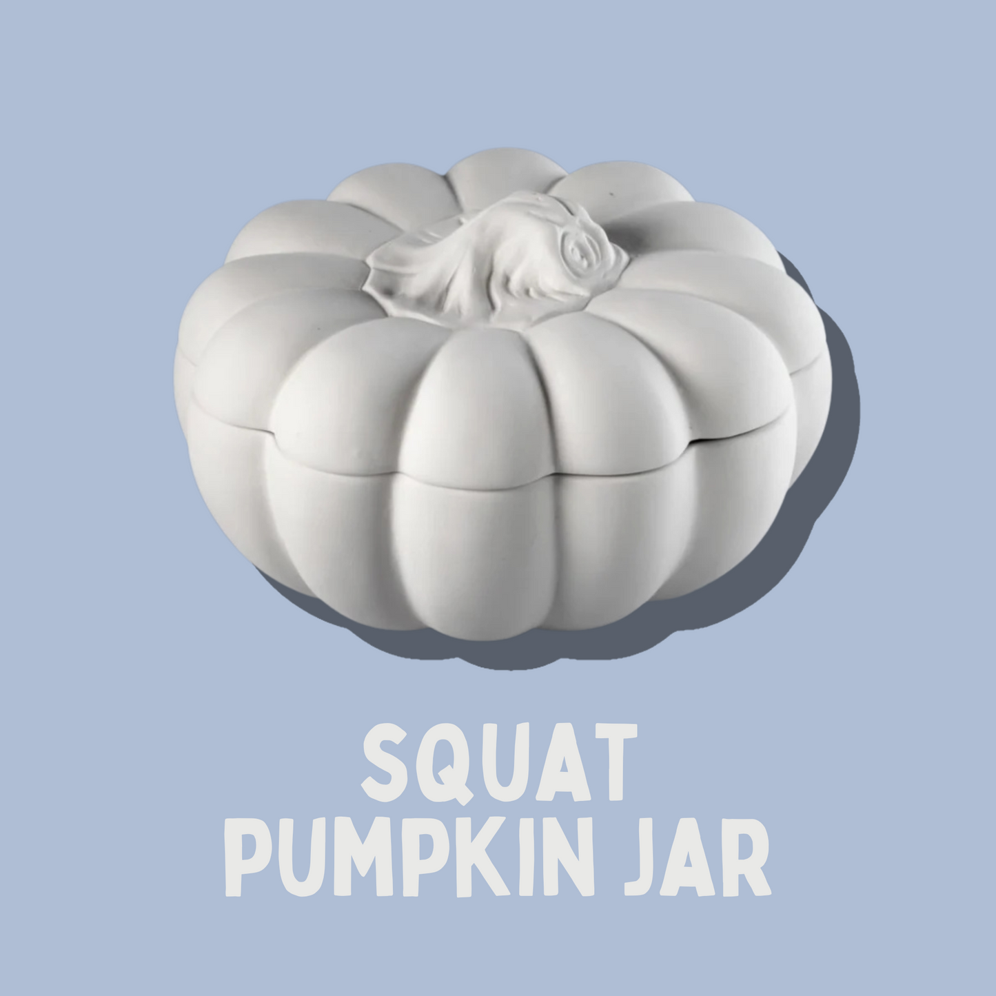 White pumpkin-shaped jar on a light blue background with 'Squat Pumpkin Jar' text.